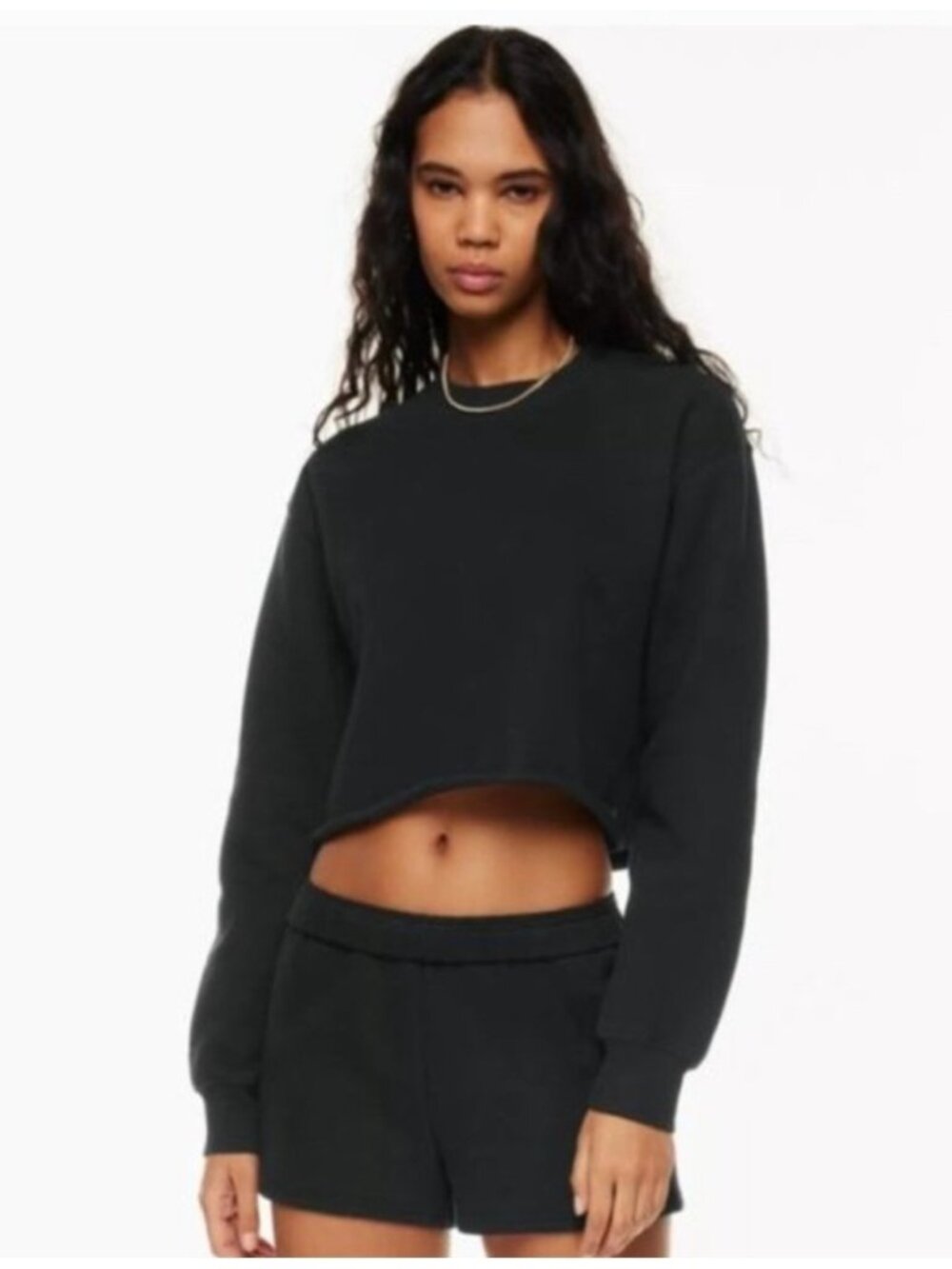 Aritzia TNA Cozy AF Fleece Cropped Crew Neck Sweater Size Medium Black